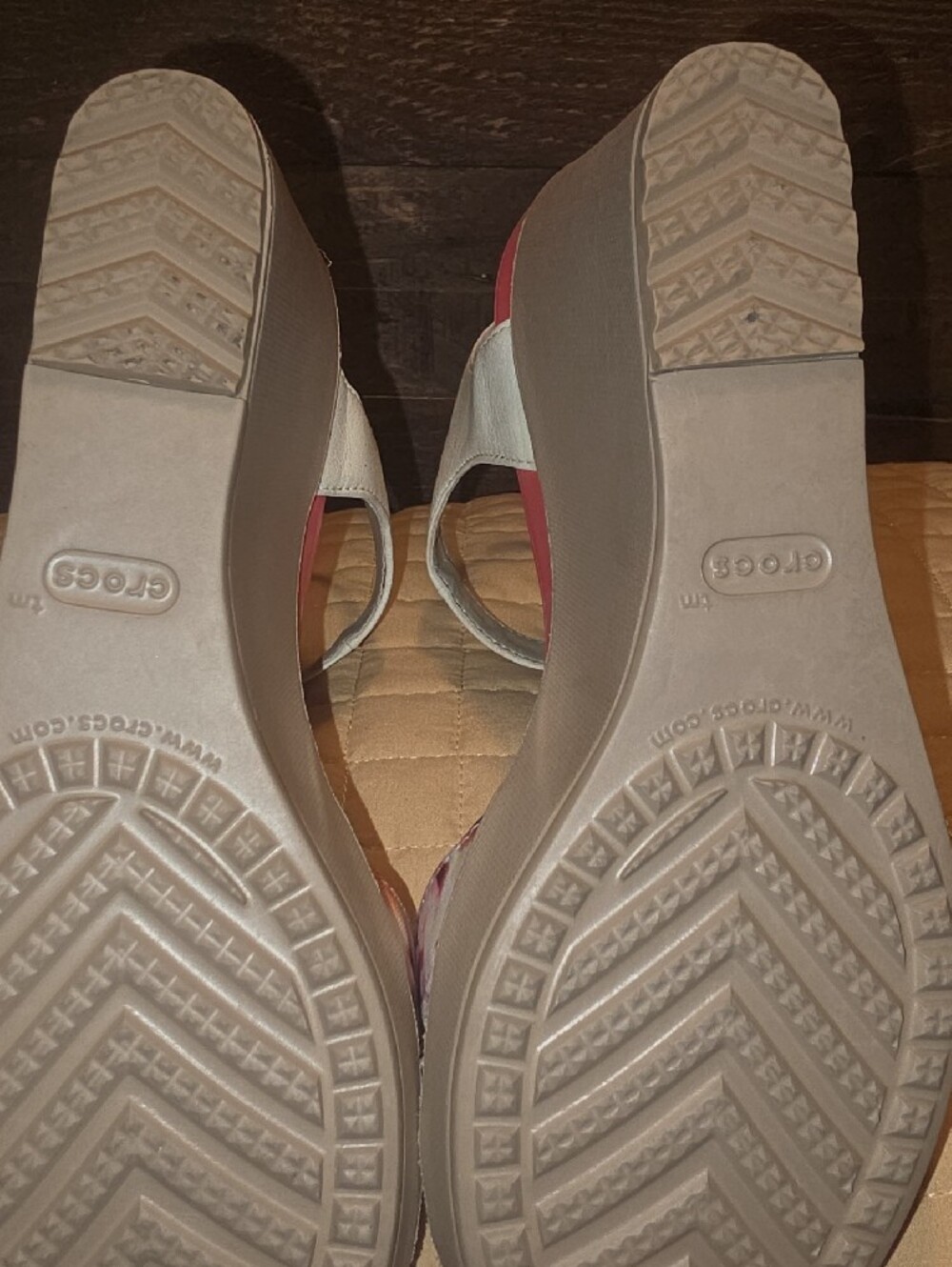 CROCS Coral Florsl Footbed Wedges with Beige Ankle Strap - Picture 8 of 9